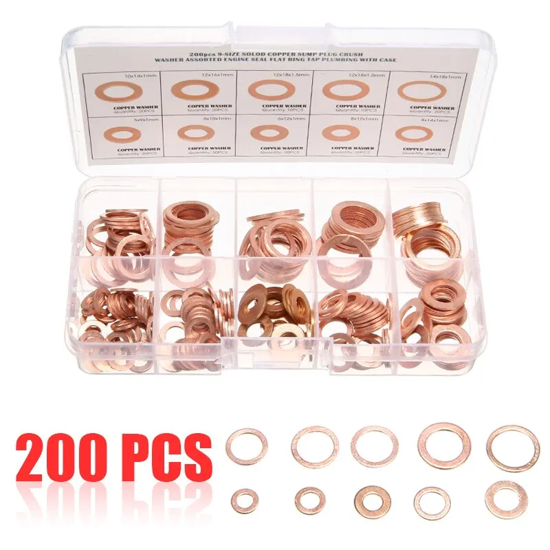 Mayitr 200pcs Solid Copper Washer M5-M14 Full Gasket Seal Flat Ring Fuel Hydraulic Fittings Set for Auto Hardware Tools
