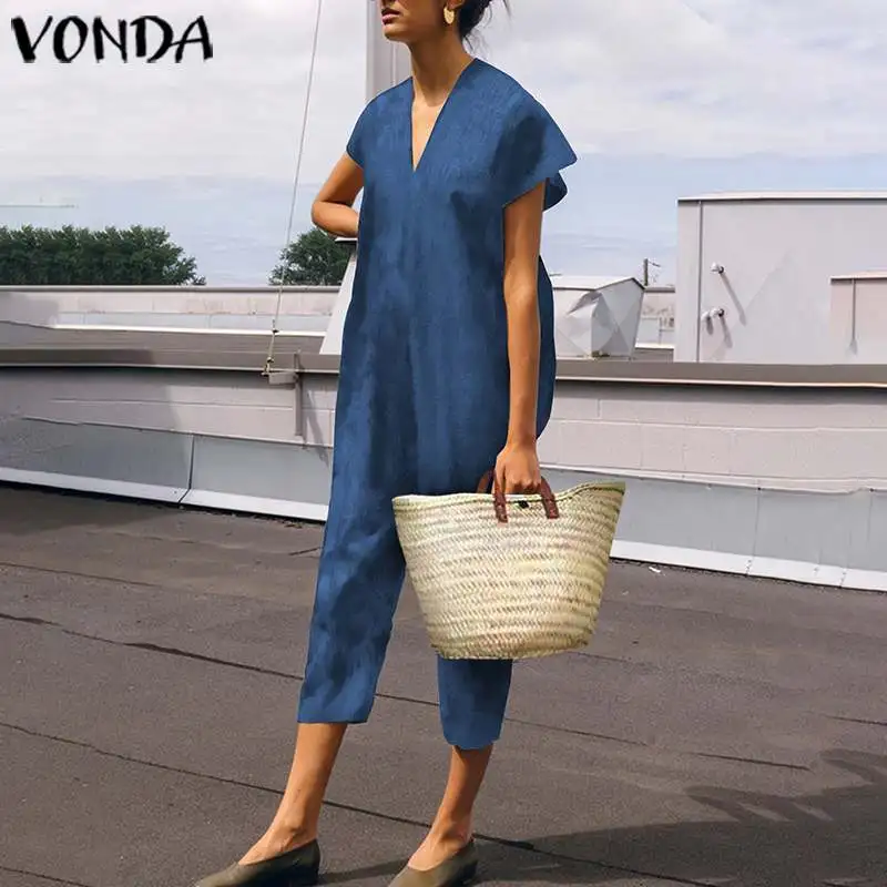 VONDA женский комбинезон длиной до икры летний короткий рукав 3/4 длина комбинезон цельный брюки комбинезон Pantalon Femme плюс размер
