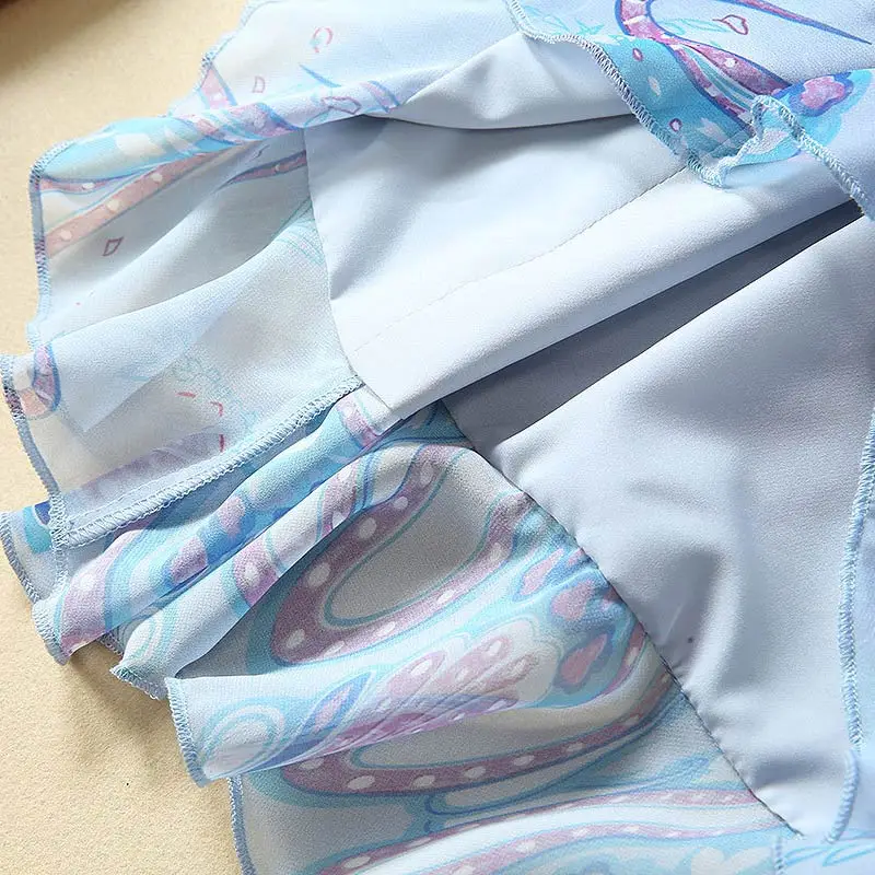 Женское модное Белое кружево для отделки синие повседневные платья с принтом v-образный вырез длинный рукав Гофрированный подол до колен богемная накидка платье