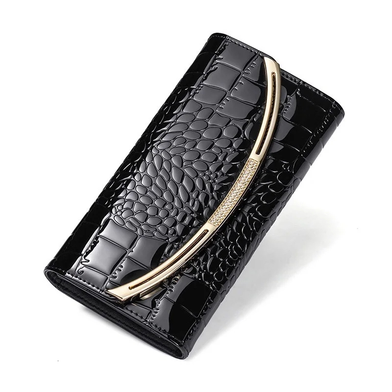 LUCDO Brand Designer Genuine Leather Women Long Wallet 3 Fold Large Capacity Patent Leather Wallet Luxury Coin Purse Card Holder - Цвет: Black