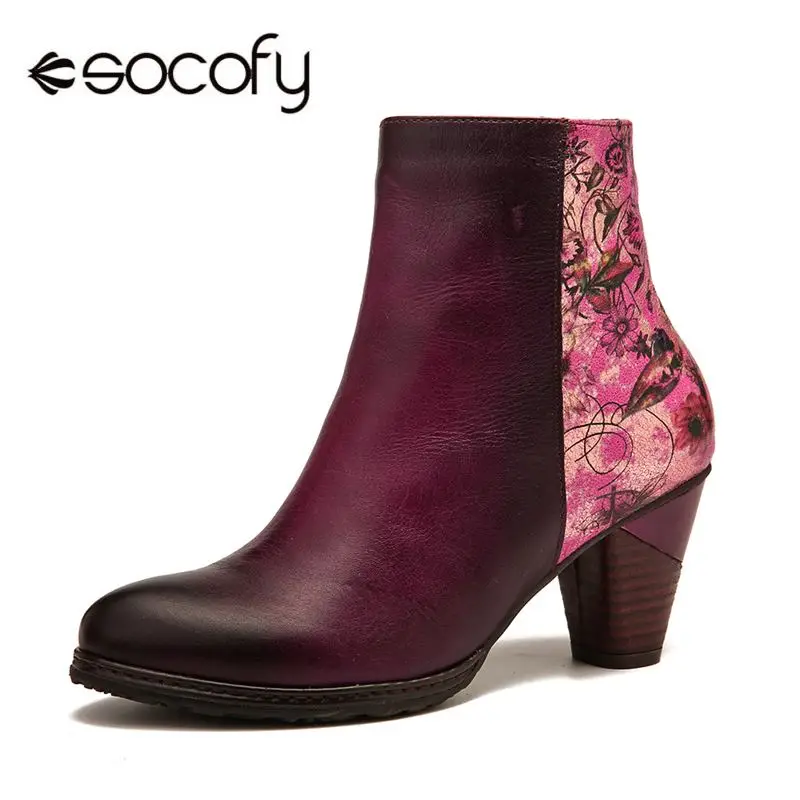 SOCOFY Retro Stitching Boots Printed Flowers Pattern Zipper Comfortable High Heel Ankle Elegant Ladies Shoes Women 2020 | Обувь