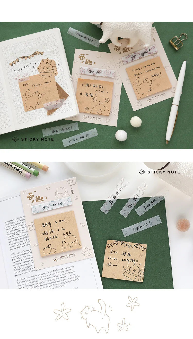 40 шт./партия бумажный блокнот для заметок в стиле ретро Post-it Kawaii маленький котенок с рисунком птицы Липкие заметки Kawaii Канцелярские бумажные заметки