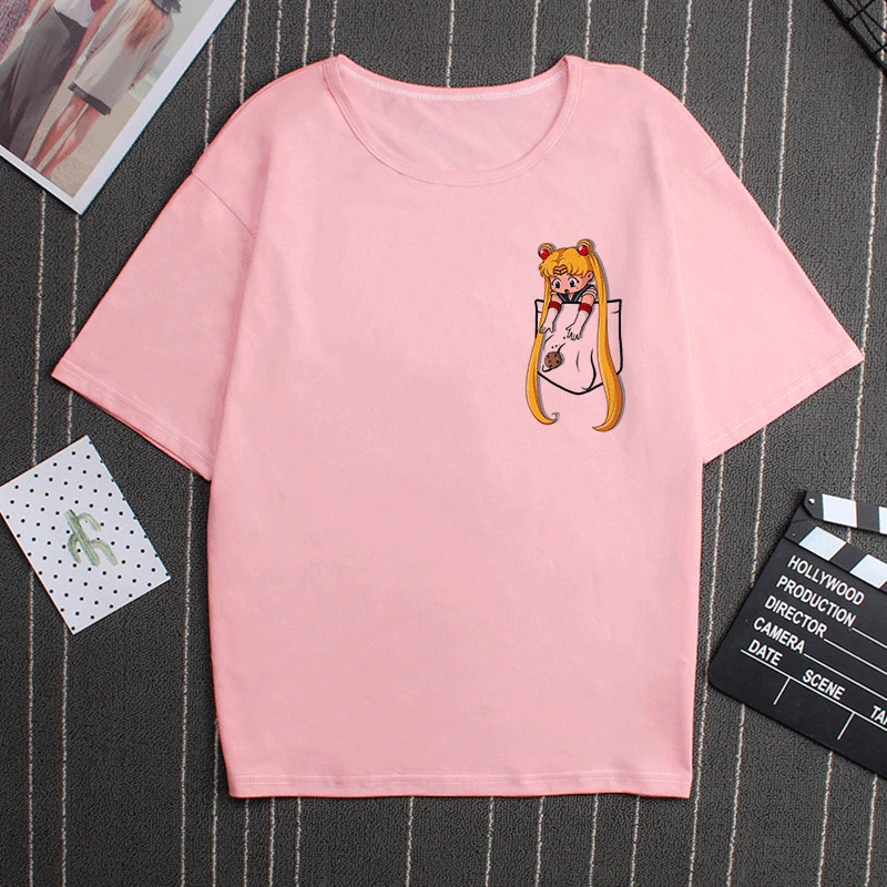 Sailor Moon 90s Funny Pink T Shirt Harajuku Clothes Tshirt Aesthetic Cat Anime Vogue T-shirt Kawaii Graphic Tees Ullzang Women