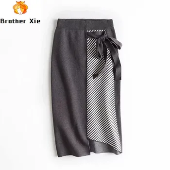 

High 2020 Waist Knitted Women Winter Long Skirt Fashion Bowtie Decorated Women Autumn Brown Striped Skirt Faldas Jupe Femme Saia
