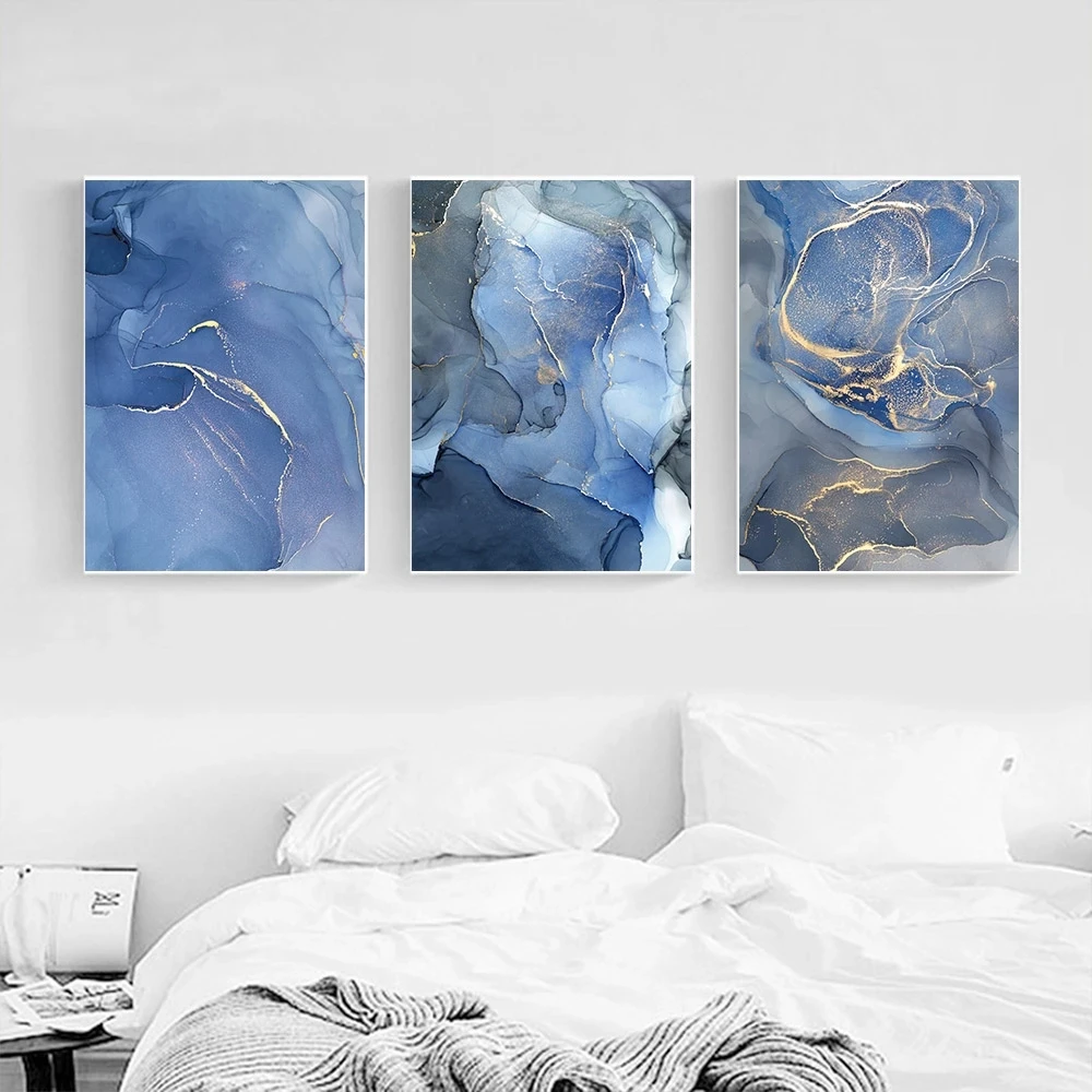 Abstract Wall Art Dark Blue and Gold Marble Pattern Nordic Canvas Posters and Prints for Living Room Bedroom Corridor Decoration
