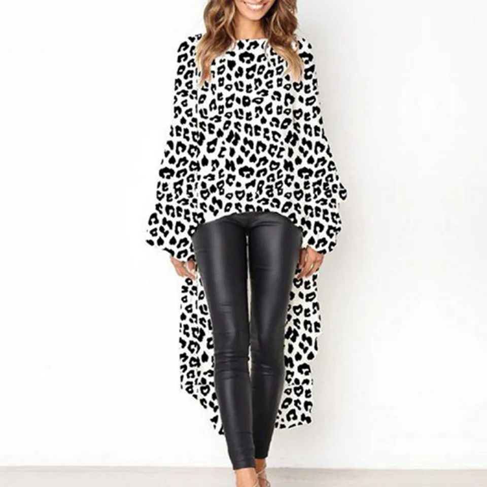Fleur Wood, винтажная леопардовая рубашка, Женская Осенняя блуза с длинным рукавом-фонариком, топ с асимметричным подолом, длинная рубашка, модная сексуальная одежда