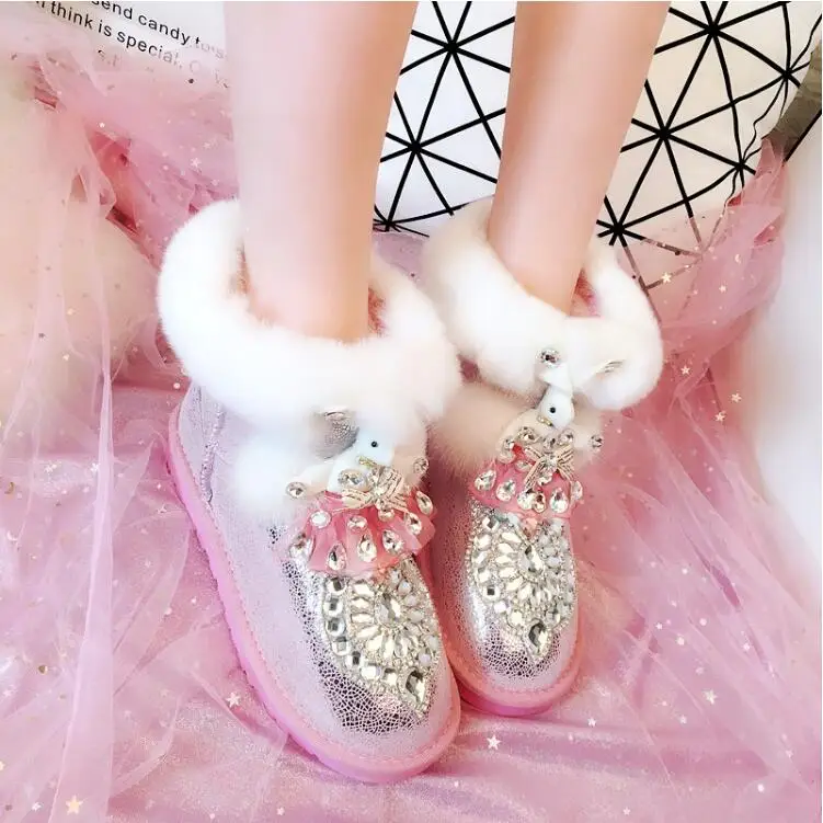 Rhinestone waterproof real cowhide snow boots female short tube fur shoes non-slip warm cotton shoes
