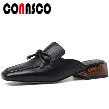 

CONASCO Women Sandals Low Heels Slippers Mules Retro Classic Genuine Leather Butterfly-Knot 2020 Summer New Casual Shoes Woman