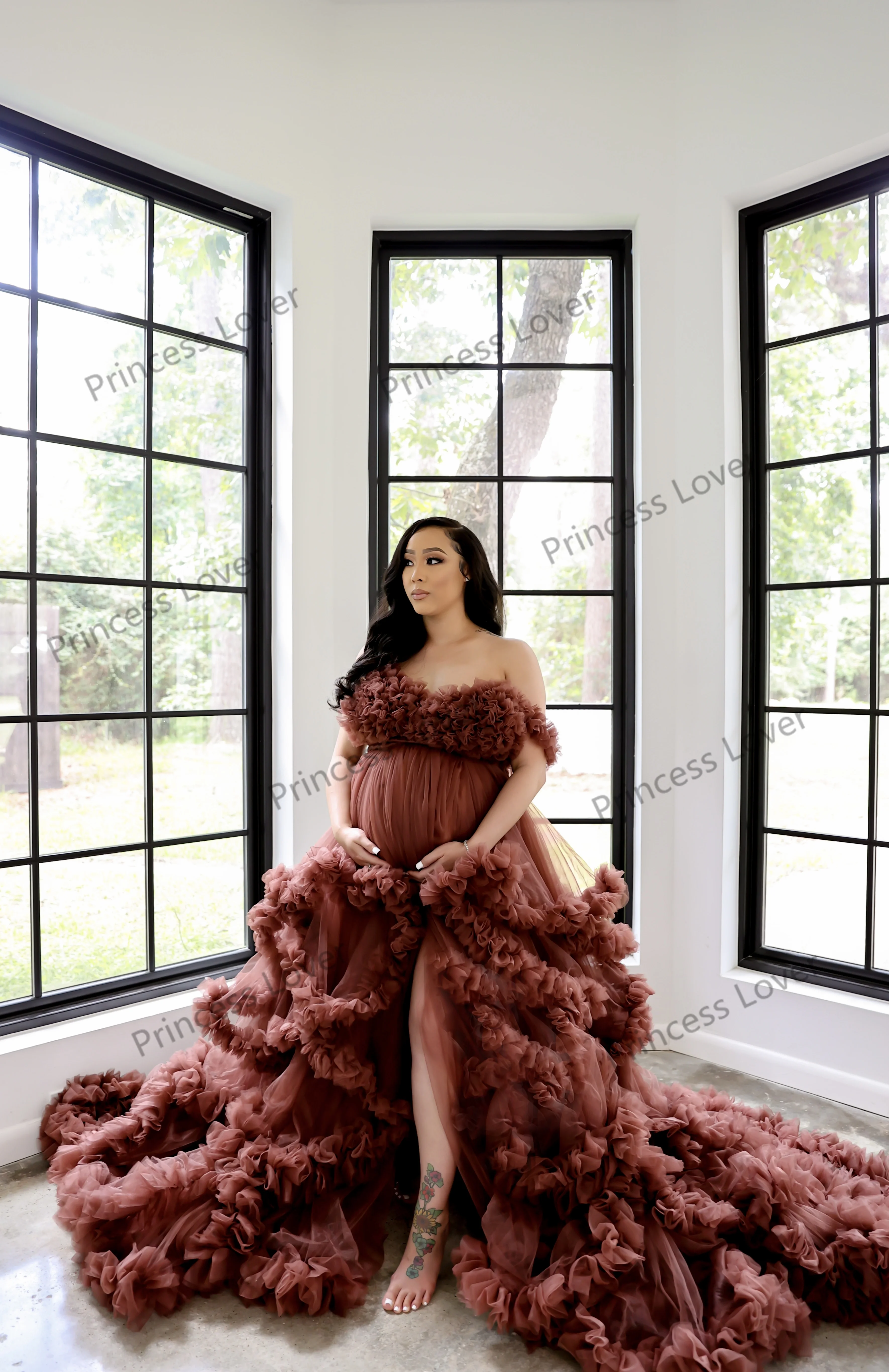 Ruffle Tulle Maternity Dress Prom Dresses for Pregnant Women Baby Shower Gowns Front Split Photo Shoot Robes