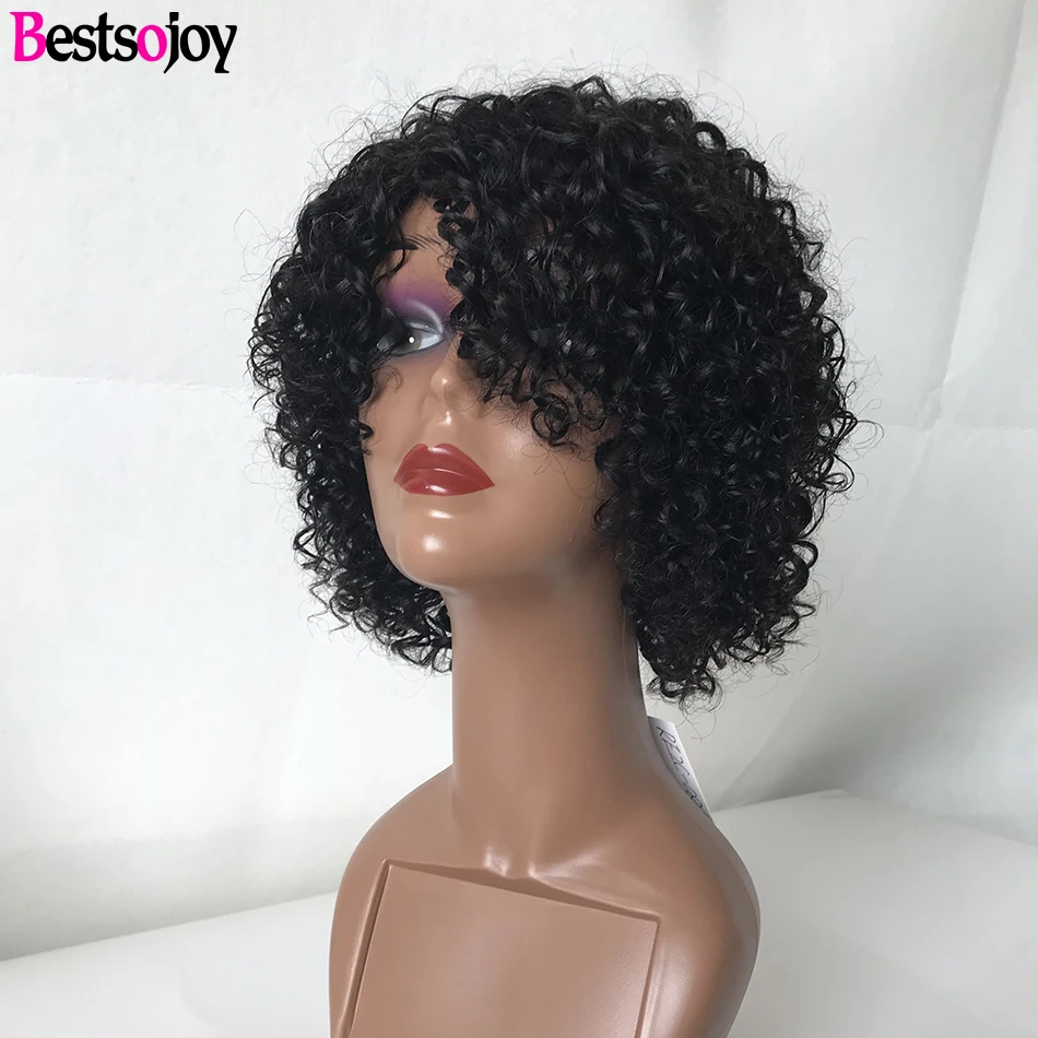 Bestsojoy Pixie Cut Wig Short Bob Curly Human Hair Remy Cheap Bouncy Curl Wigs For Black Women | Шиньоны и парики