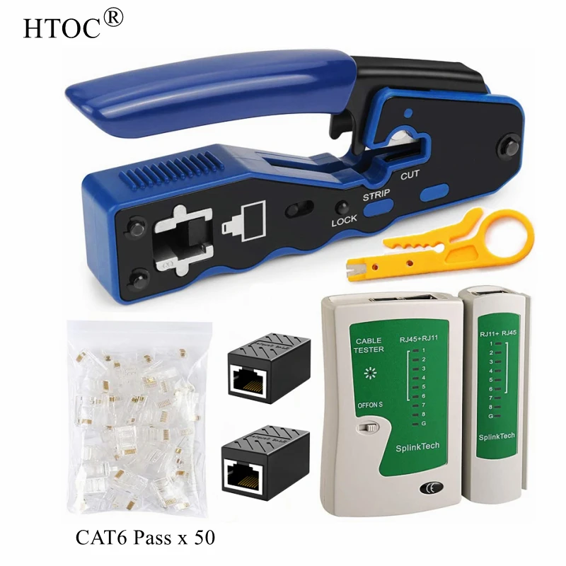 HTOC RJ45 Pass Through Crimp Tool Network Cable Tester 50PCS CAT6 Pass Connectors Mini Wire Stripper RJ45 Coupler For CAT5 CAT6 network tone tracer