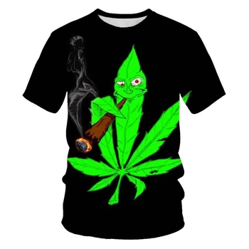 

Personality anthropomorphic smoking natural weed 3D T-shirt, fresh leaves, bird summer parent-child cool round neck top size