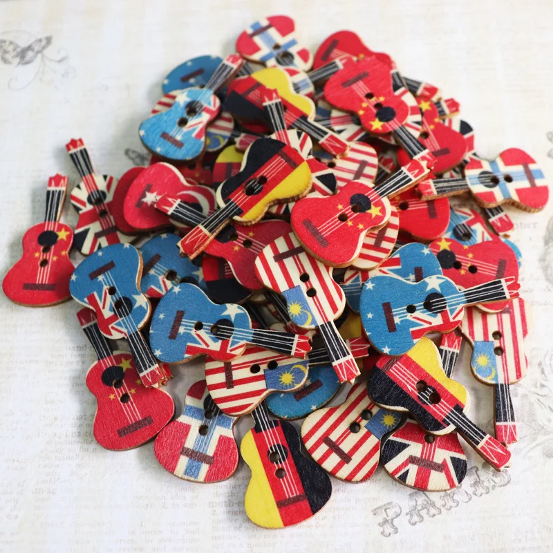 Mixed 100 PCS Guitar Flag Wooden Button for Scrapbooking crafts 2 Hole Sewing Natural Wood Buttons DIY Clothes Accessories