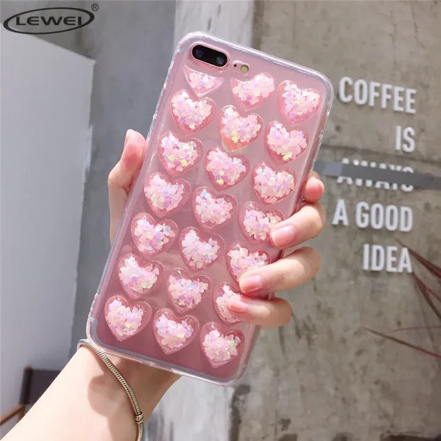 Модный сверкающий Блестящий силиконовый чехол с сердечками для iPhone 7 8 XR XS Max 6 6s Plus 5 SE задняя крышка 3D Love блестки мягкий чехол - Цвет: Rose Gold