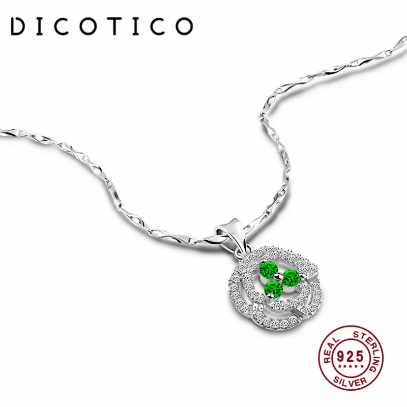 

DICOTICO Authentic Sterling 925 Silver Green Zircon Round Pendant Chain Necklaces Fine Jewelry Choker For Women KFN1045-T