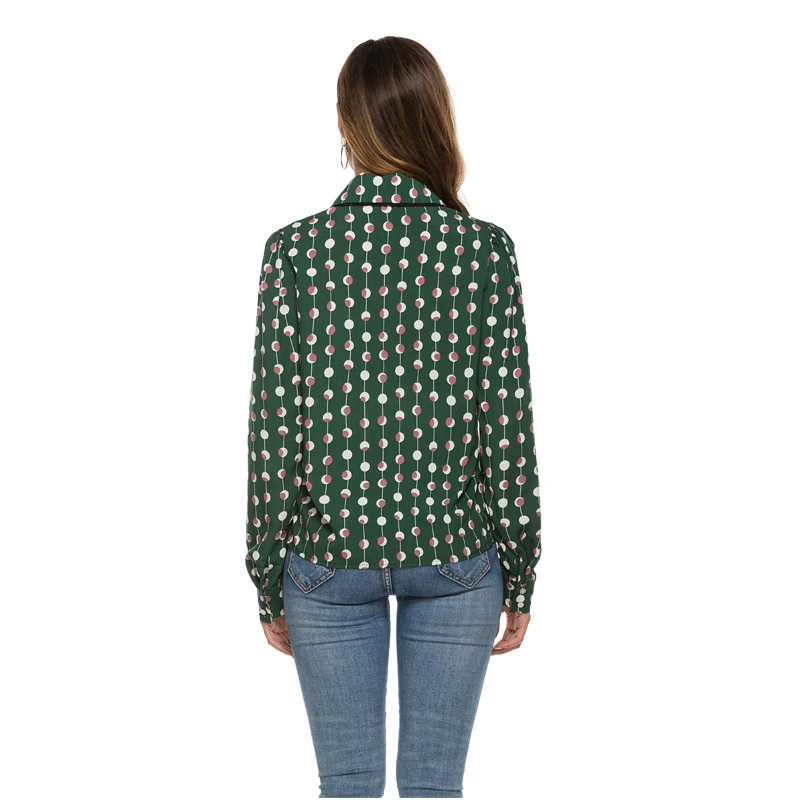 Шифоновая блуза в горошек с длинным рукавом для женщин Весенняя Офисная женская зеленая Ретро рабочая одежда рубашка размера плюс S Топы XL