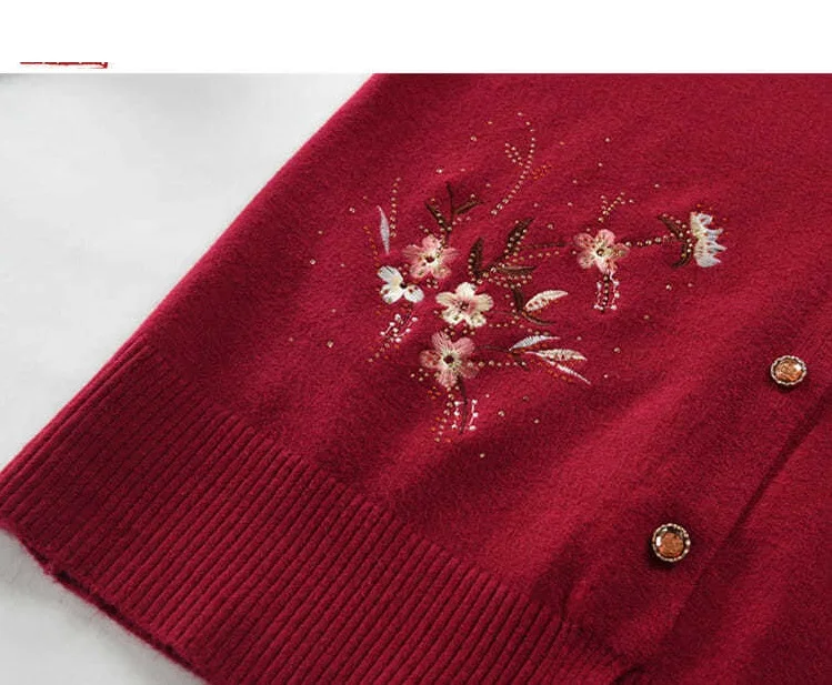 Spring Autumn Thin Knit Cardigan Jackets Grandma Embroidered Long Sleeve Sweater Outerwear Plus Size Short All-match Women's Top