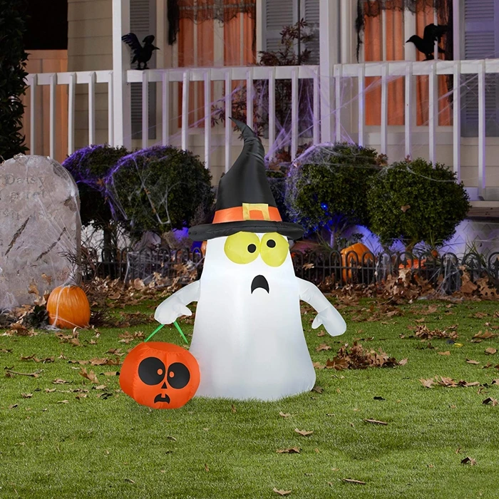 120CM 4 Foot Inflatable Ghost With Witch Hat Holding Pumpkin Bag Halloween LED Illuminate Toys Indoor Outdoor Yard Decorations 6
