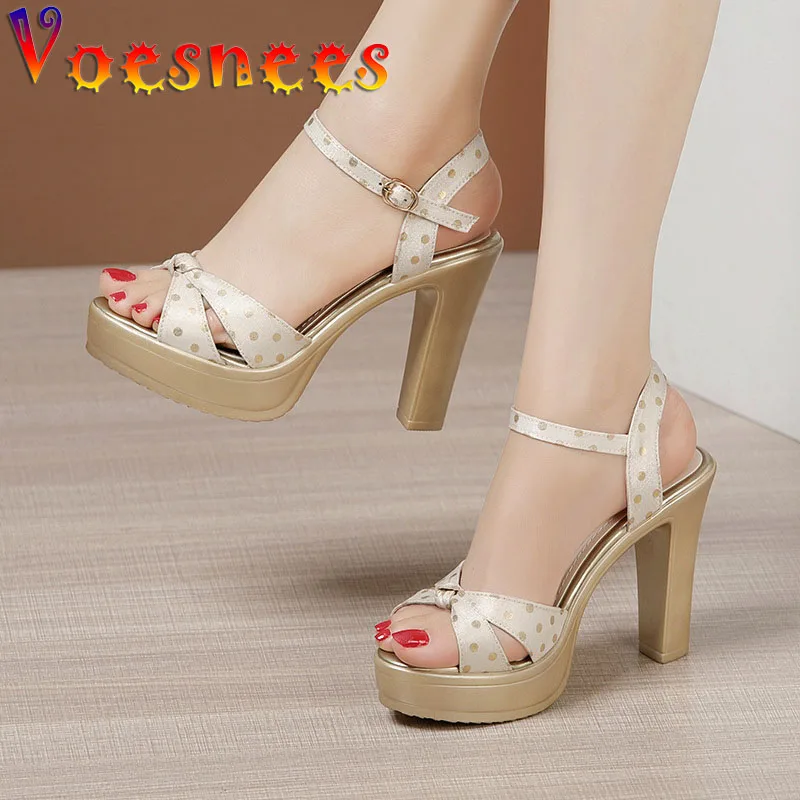 

Temperament Polka Dot Women Sandals Summer Bow Buckle Strap Sandals Comfortable High Heels Chunky Heel Women Shoes Big Size 43