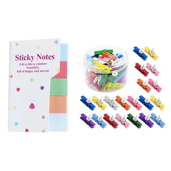 

1 Pcs Cute Post It Bookmark Marker Flags Index Tab Sticky & 50 Pcs Push Pins with Wooden Clips Multicolor