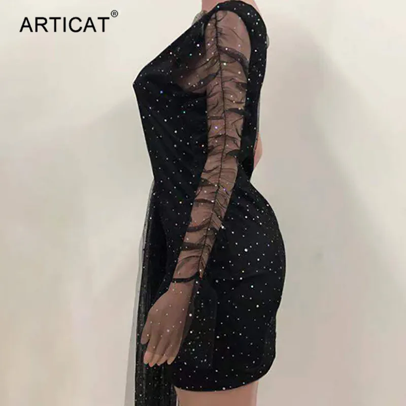 Articat/блестящее платье на одно плечо из прозрачной сетки, женское сексуальное мини-платье с рюшами и потертостями, черное платье для ночного клуба, платья для женщин