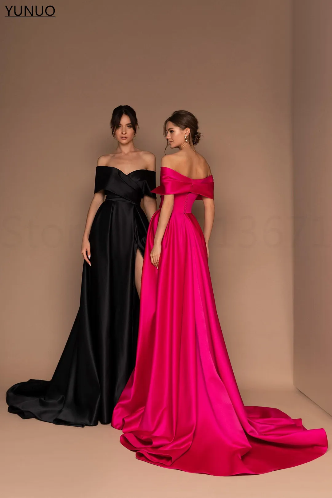 YUNUO 2022 Satin A-line Evening Dress Off The Shoulder Party Formal Gowns vestidos de noche Long Side Slit Women Prom Dresses evening maxi dresses