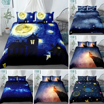 

Star Filled Dark Sky Duvet Cover Bedding Set Queen Home Decor Sun and Moon Quilt Covers With Pillowcase Drop Shipping 2/3PCS