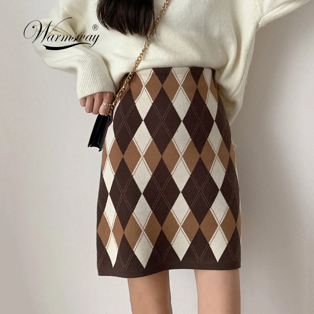 Permalink to Vintage Rhombus Plaid Knitting Mini Dress 2020 Fashion WOmen High Waist HIp Pack One Step Short Sweater Skirt B-010