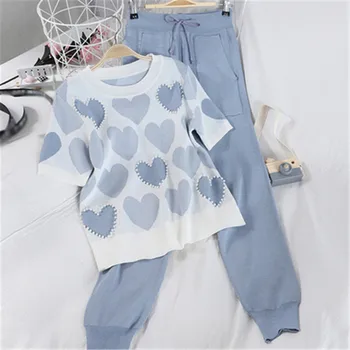 

Summer Sweet Mind Pattern Knitted Women Two Piece Set Short Sleeve O-neck Pearls Pullover Tops + Leisure Haren Pants Suit