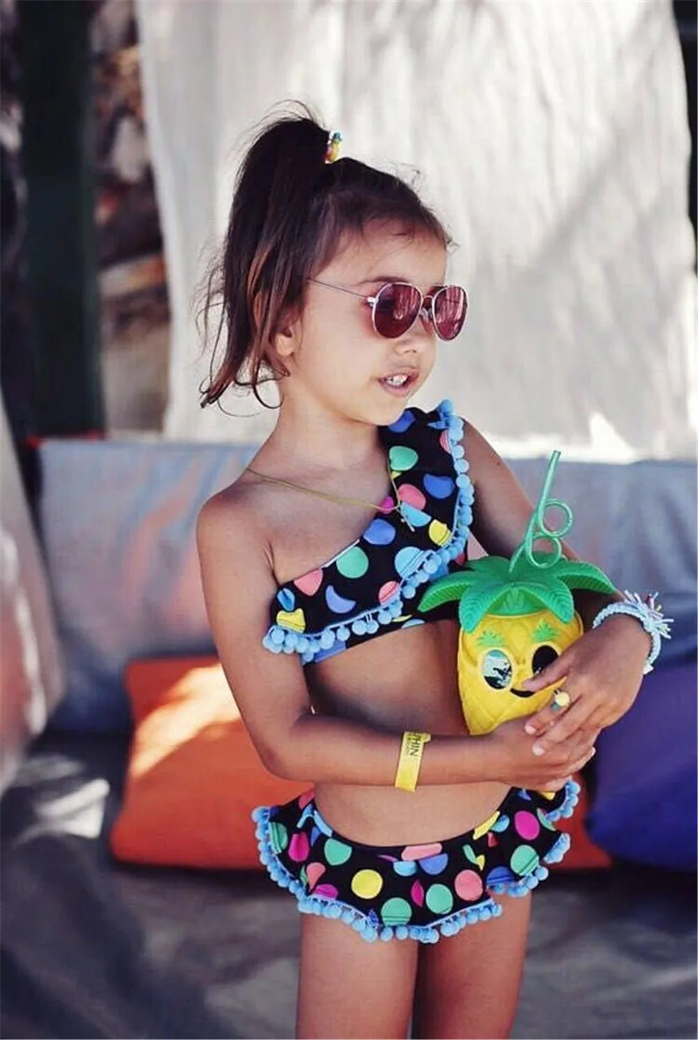 Модный комплект бикини в разноцветный горошек для новорожденных девочек, купальный костюм с кисточками, летний праздничный купальник, От 2 до 7 лет