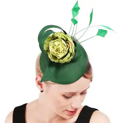 Зеленый бант шляпка с узкими полями заколки-перья для волос вуалетки церковные вечерние шапки женские элегантные женский головной убор