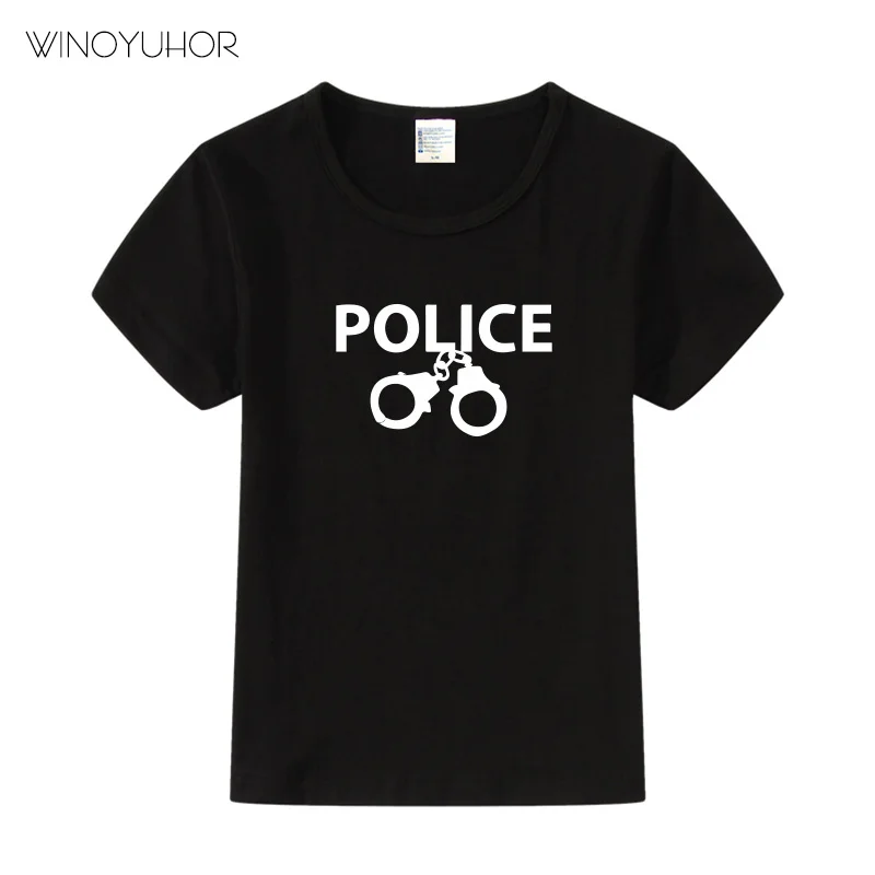 Футболка с изображением полиции; детский маскарадный костюм; детская летняя футболка унисекс с буквенным принтом; модные повседневные топы; футболка для маленьких мальчиков и девочек - Цвет: Black
