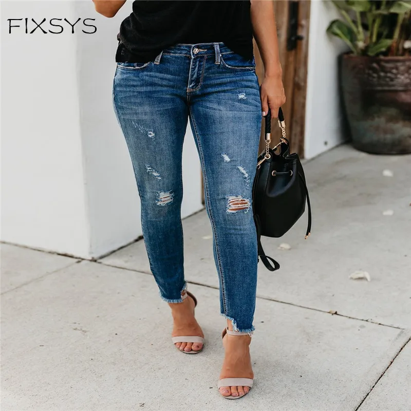 

FIXSYS 2020 Spring New High Street Elasticity Skinny Jeans Women Fashion Hollow Out Hole Bleached Vintage Push Up Denim Pants