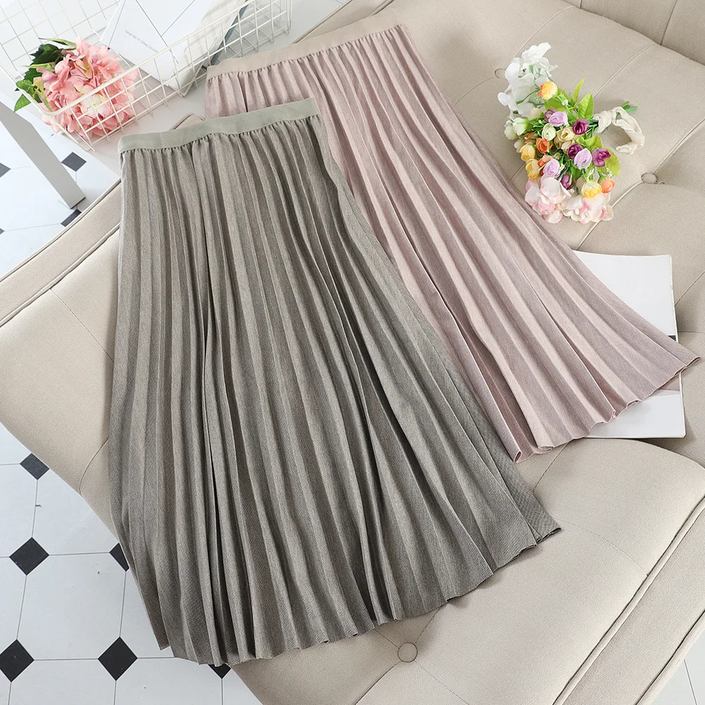 

Autumn New Style Korean-style Solid Color Versatile Hong Kong Style High-waisted Slimming Mid-length A- line Pleated Skirt Skirt