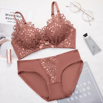 

Sexy Lace Embroidery Flower Underwear Set Winter Women Cotton 1/2 Cup Push Up Bra Set Wire-Free Adjustable Lingerie Briefs Set