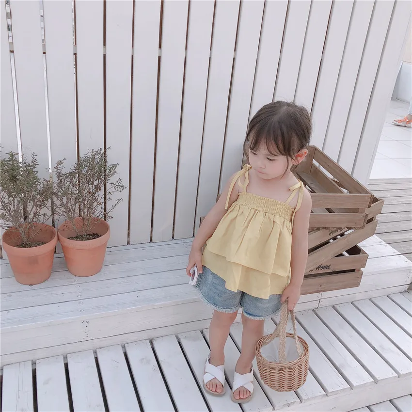 Small Big Brand Summer New Style Dungaree Shirt Korean-style Girls Baby Pure Cotton with Drawstring Camisole Cake Tops Fash