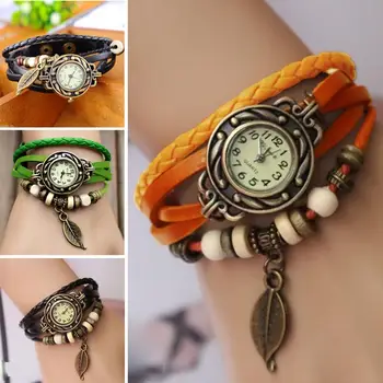 

Vintage Ladies Woven Beads Bracelet Quartz Wrist Watch Decorative Leaf Pendent Round Dial Leather Button Brown Wristwatch