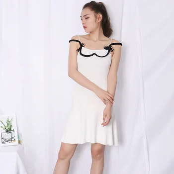 

2020 Summer New Women Bow Spaghetti strap Contrast color Dress High end quality Temperament Knitted Dress