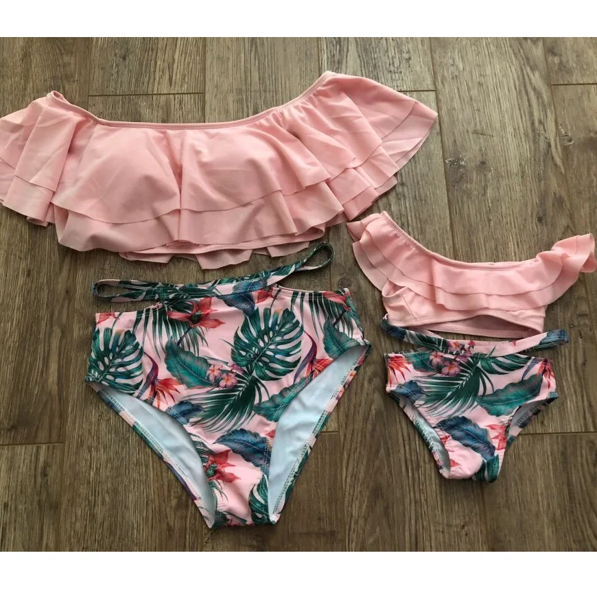 

Leaf High Waist Mother Daughter Bikini Swimsuit Flounce Mommy and Me Swimwear Family Look Matching Clothes Mom Baby Beach Dress