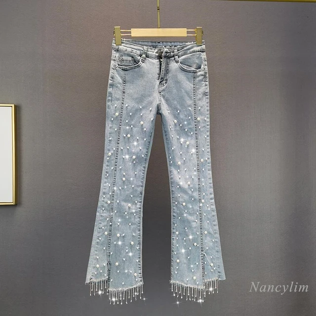 $US $38.18 Heavy Industry Pearl Rhinestone Tasseled Jeans Women's Trendy 2021 Summer New High Waist Slim Fit Flare Denim Pants Female Cloth