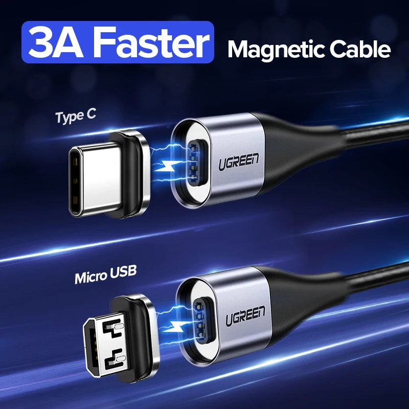Ugreen Магнитный кабель типа C 3A Быстрый микро USB для зарядки данных Samsung Xiaomi Магнит