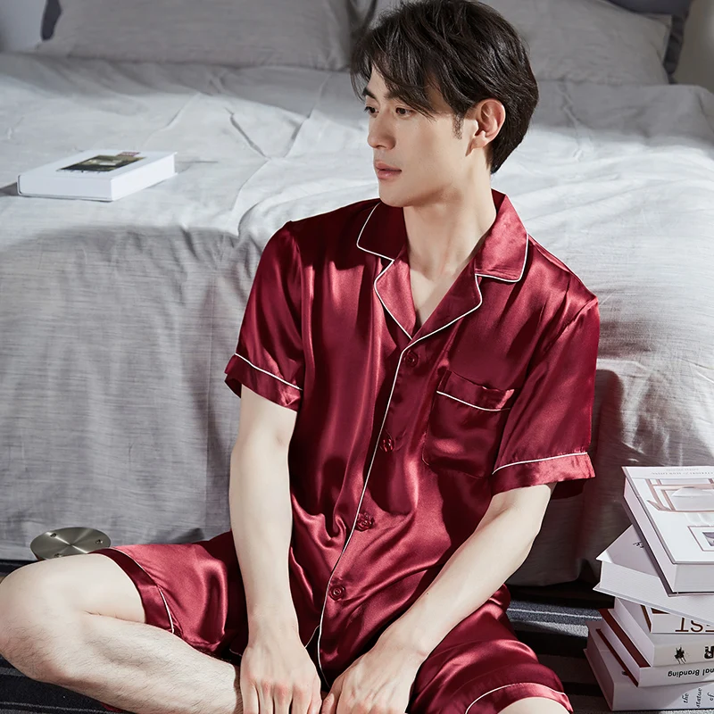 100% Silk Pajama Men Summe Short Pyjama Button-Down Solid Red Pijama Hombre 2PCS Set Home Clothes Pure Silk Nightwear PJ
