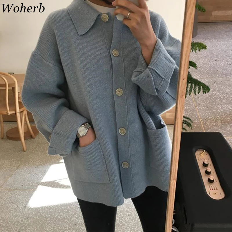 

Woherb 2019 Autumn Winter Loose Turn-down Collar Cardigan Women Knitted Sweater Jacket Single Breasted Cardigans Pull Femme