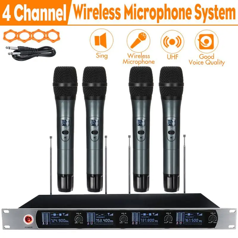 Профессиональный 4 ручной UHF частоты Динамический капсула 4 канала беспроводной микрофон для караоке системы