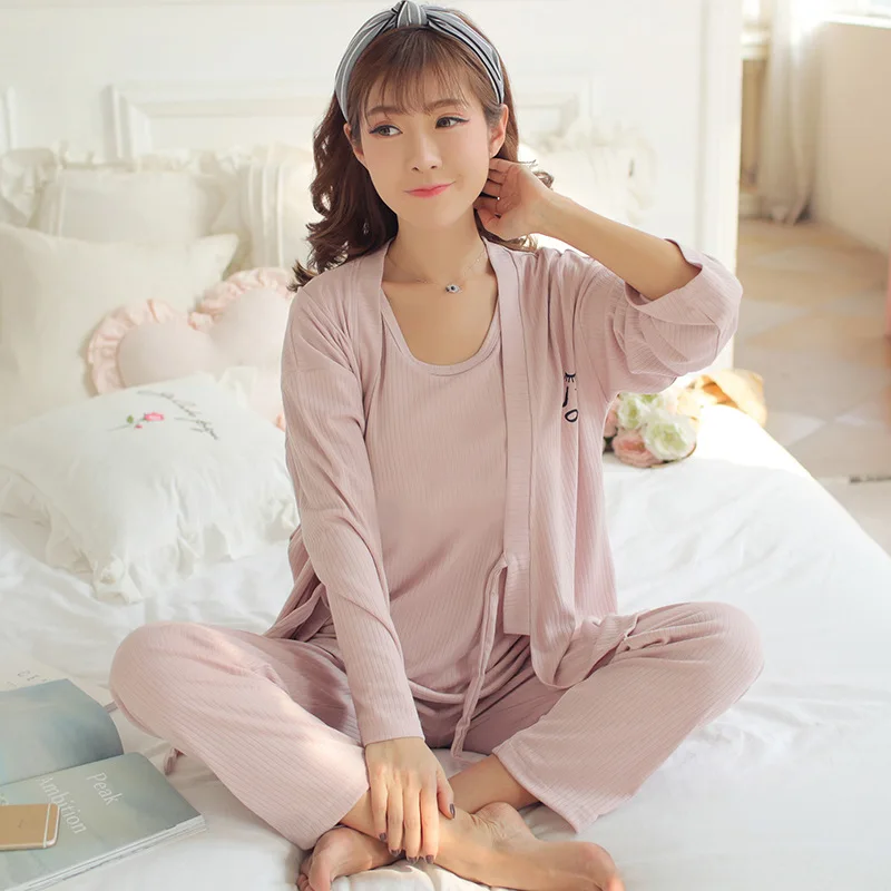 

500 Pajamas Female Summer 6535 Sunken Stripe Set Korean-style GIRL'S Japanese Korean Hoodie Three-piece Set Spring And Autumn Tr