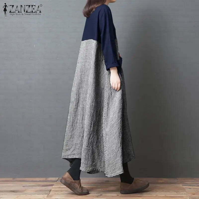 ZANZEA, женское платье, осень, пэчворк, до середины икры, Vestidos, хлопок, лен, длинный рукав, сарафан, клетчатая клетка, халат для женщин размера плюс