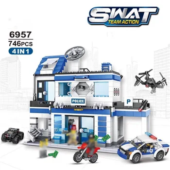 

746PCS 4In1 SWAT City Police Helicopter Car Building Blocks Compatible City Police Station Bricks Toys for Boys Children