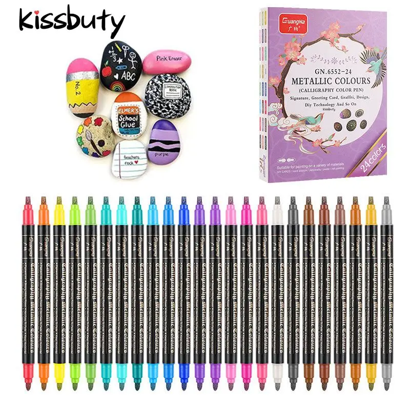 12/24 Colors Metallic Paint Markers Pens Round/Chisel Dual Tip Glitter  Doodle Dazzle Drawing Pens for Easter Egg Stone Art Pen