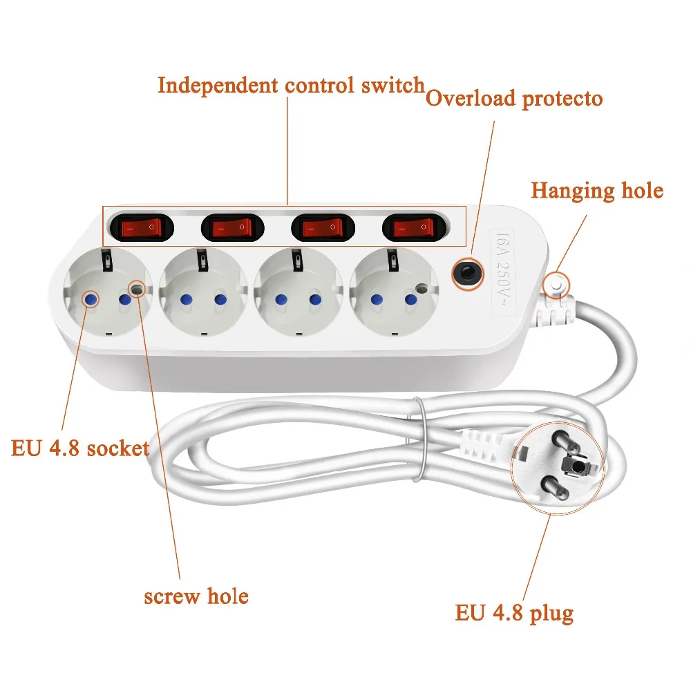 Удлинитель 1,5/2,5 м 3500 Вт 16A 250 В защита от перегрузки индивидуально переключаемая плата переключателя ЕС/fc4.8мм разъем 4 AC Выходное гнездо