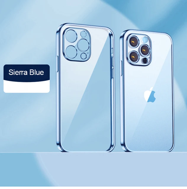 Luxury Plating Transparent Soft Silicone Case for iPhone 13 11 12 Pro Max Mini XR X XS SE 2020 8 7 Plus Shockproof Clear Cover Sierra blue